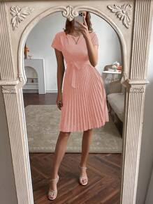 EMERY ROSE Pleated Hem Self Belted Dress - Baby Pink - View 4