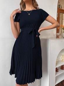EMERY ROSE Pleated Hem Self Belted Dress - Navy Blue - View 4