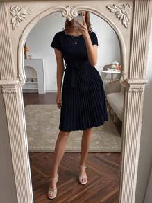 EMERY ROSE Pleated Hem Self Belted Dress - Navy Blue - View 5