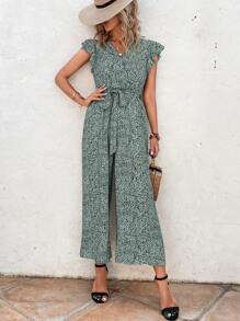 SHEIN VCAY 滿版印花蝴蝶袖腰帶闊腿連體褲