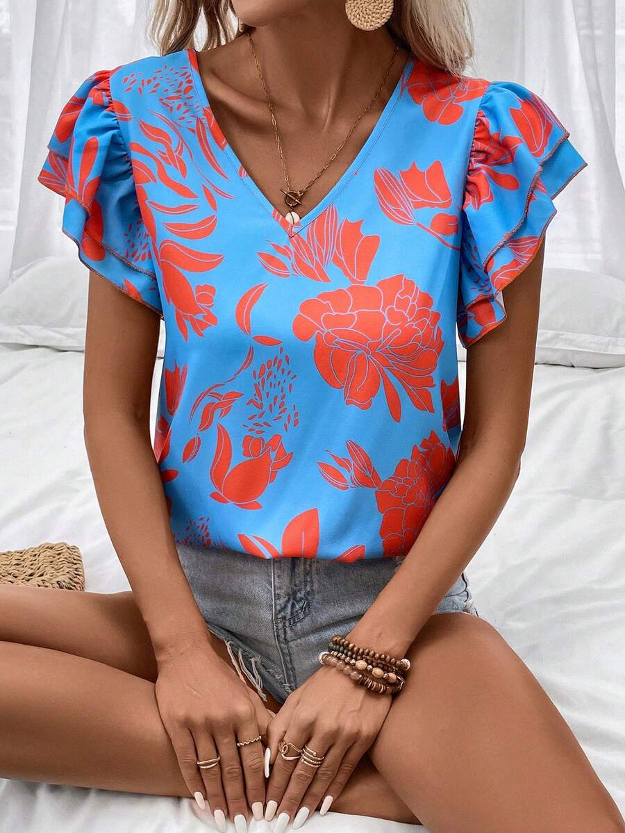 SHEIN VCAY Floral Print Butterfly Sleeve Blouse - Multicolor - View 1