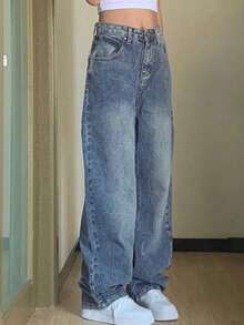 水洗闊腿牛仔褲 - 淺色水洗藍 - 查看 4