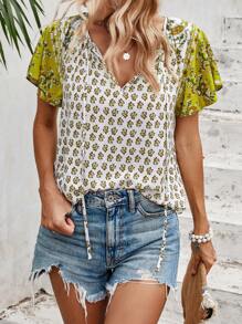 SHEIN LUNE Allover Print Tie Neck Flounce Sleeve Blouse - White - View 1