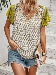 SHEIN LUNE Allover Print Tie Neck Flounce Sleeve Blouse - White - View 3