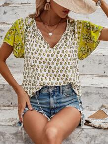 SHEIN LUNE Allover Print Tie Neck Flounce Sleeve Blouse - White - View 5