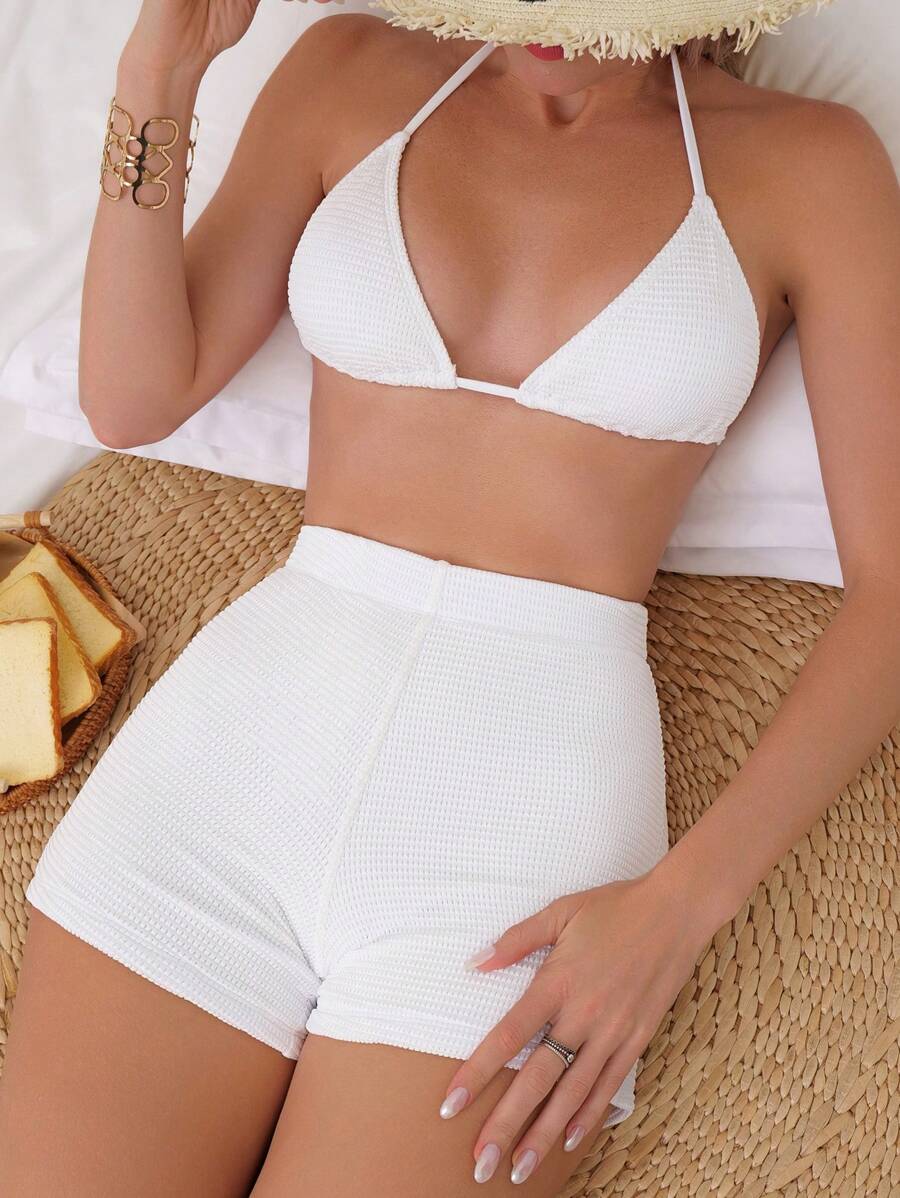Swim Mod Summer Beach Plain Halter Triangle Bikini Set - White - View 1