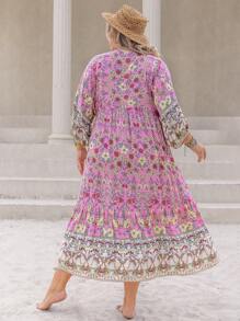 Rusttydustty Đầm suông cổ chữ V in hoa màu xanh lá cây cỡ lớn cho nữ đi biển ngày lễ Bohemia - Nhiều màu - Xem 2