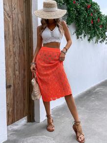 Solid Pointelle Knit Skirt - Orange - View 5