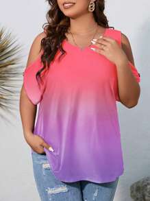 SHEIN LUNE Plus Ombre Cold Shoulder Tee - Multicolor - View 1