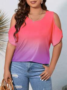 SHEIN LUNE Plus Ombre Cold Shoulder Tee - Multicolor - View 3