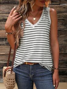 SHEIN LUNE Striped Print Tank Top - Black and White - View 1