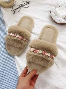 女士花朵裝飾毛茸茸臥室時尚拖鞋
