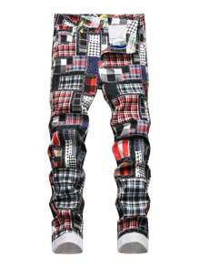 男式拼布印花牛仔裤（无腰带） - 彩色 - 查看 1