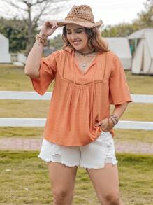 大碼水溶蕾絲拼接蝴蝶袖襯衫 - 橘色 - 查看 1