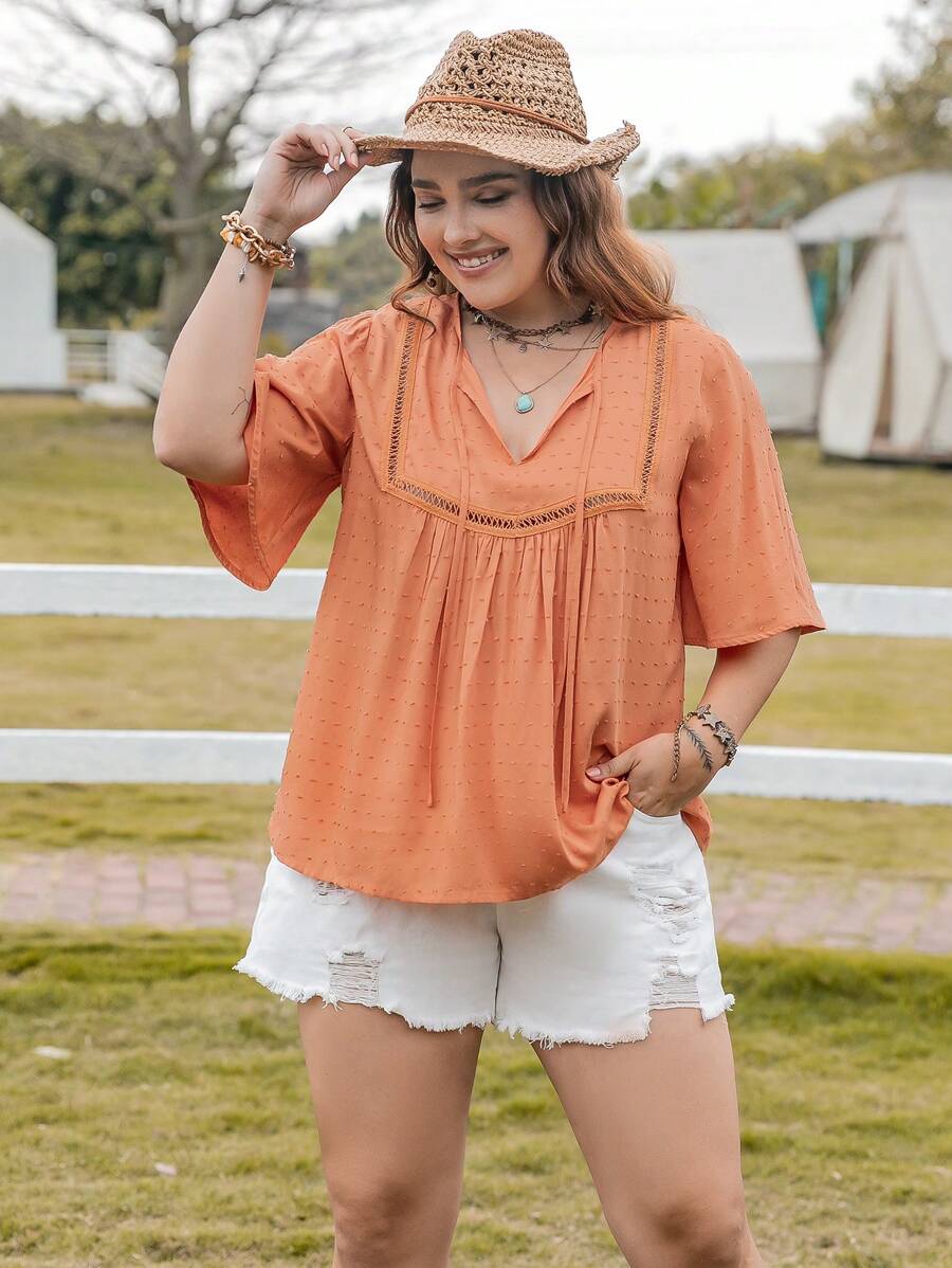 大碼水溶蕾絲拼接蝴蝶袖襯衫 - 橘色 - 查看 1