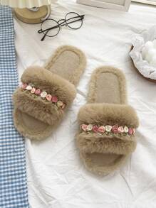 女士花朵裝飾毛茸茸臥室時尚拖鞋