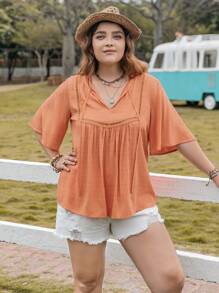 大碼水溶蕾絲拼接蝴蝶袖襯衫 - 橘色 - 查看 3