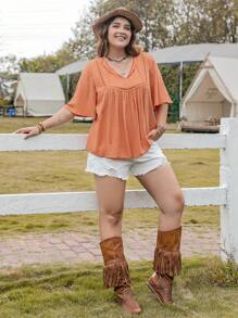 大碼水溶蕾絲拼接蝴蝶袖襯衫 - 橘色 - 查看 4
