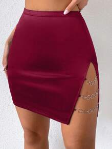 Allurite Chain Linked High Waist Skirt - Burgundy - View 1