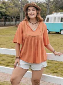 大碼水溶蕾絲拼接蝴蝶袖襯衫 - 橘色 - 查看 6