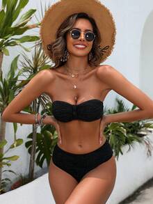 SHEIN Swim Knot Front Bandeau Bikini Set For Summer Beach - Black - View 4