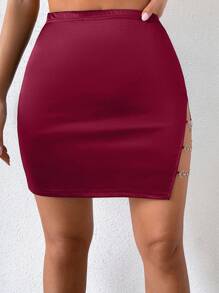 Allurite Chain Linked High Waist Skirt - Burgundy - View 5