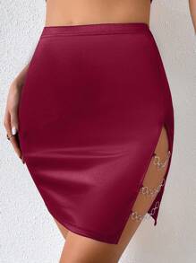 Allurite Chain Linked High Waist Skirt - Burgundy - View 6