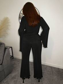 SHEIN SXY Lettuce Trim Trumpet Sleeve Top & Wide Leg Pants - Black - View 2