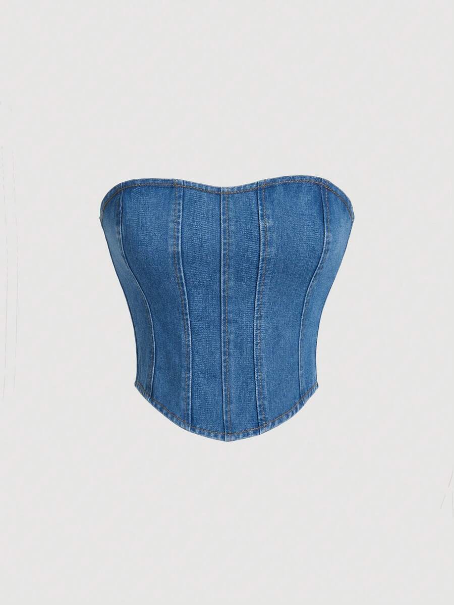 SHEIN MOD Top bandeau bajo hanky mezclilla - Azul lavado medio - Ver 1