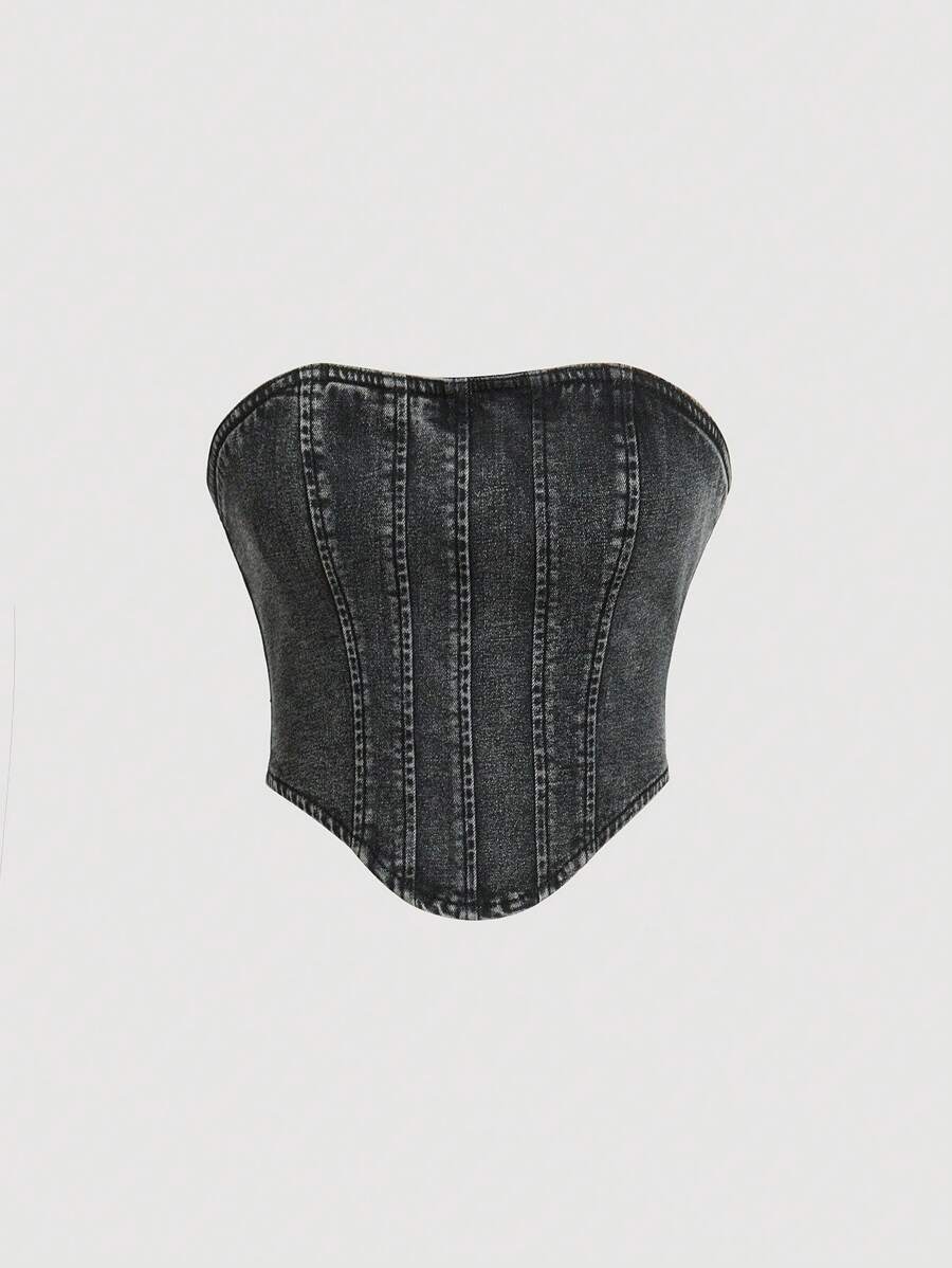 SHEIN MOD 手帕下擺牛仔抹胸上衣 - 深灰色 - 查看 1