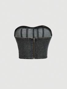 SHEIN MOD 手帕下擺牛仔抹胸上衣 - 深灰色 - 查看 2