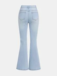 SHEIN 青少年女孩破洞牛仔喇叭褲 - 淺色水洗藍 - 查看 2