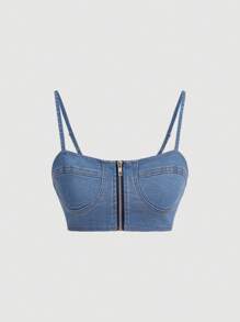 SHEIN 拉鏈開襟吊帶牛仔上衣 - 淺色水洗藍 - 查看 1