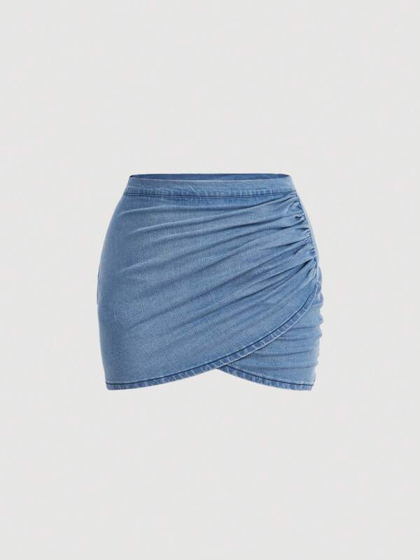 SHEIN MOD Plus Ruched Tulip Hem Denim Skirt