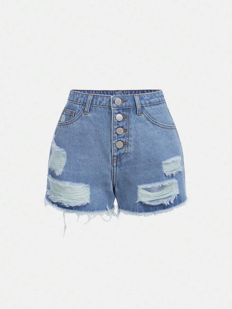 SHEIN Teen Girls Ripped Raw Hem Button Fly Denim Shorts - Light Wash - View 1