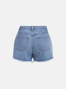 SHEIN Teen Girls Ripped Raw Hem Button Fly Denim Shorts - Light Wash - View 2