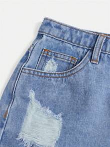 SHEIN Teen Girls Ripped Raw Hem Button Fly Denim Shorts - Light Wash - View 4