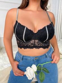 Plus Floral Lace Underwire Bra - Black - View 1