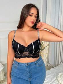 Plus Floral Lace Underwire Bra - Black - View 3