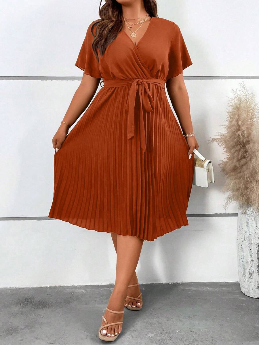 Celure Plus Surplice Neck Pleated Hem Belted Dress - Burnt Orange - View 1