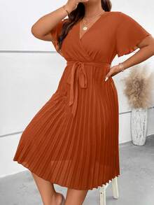Celure Plus Surplice Neck Pleated Hem Belted Dress - Burnt Orange - View 3