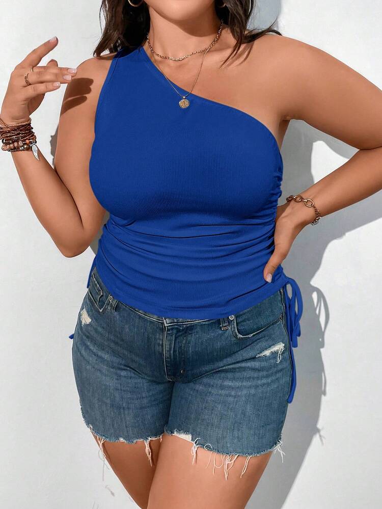 Plus One Shoulder Drawstring Ruched Side Top