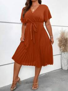 Celure Plus Surplice Neck Pleated Hem Belted Dress - Burnt Orange - View 4