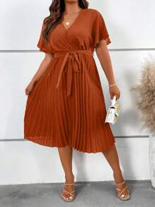 Celure Plus Surplice Neck Pleated Hem Belted Dress - Burnt Orange - View 5