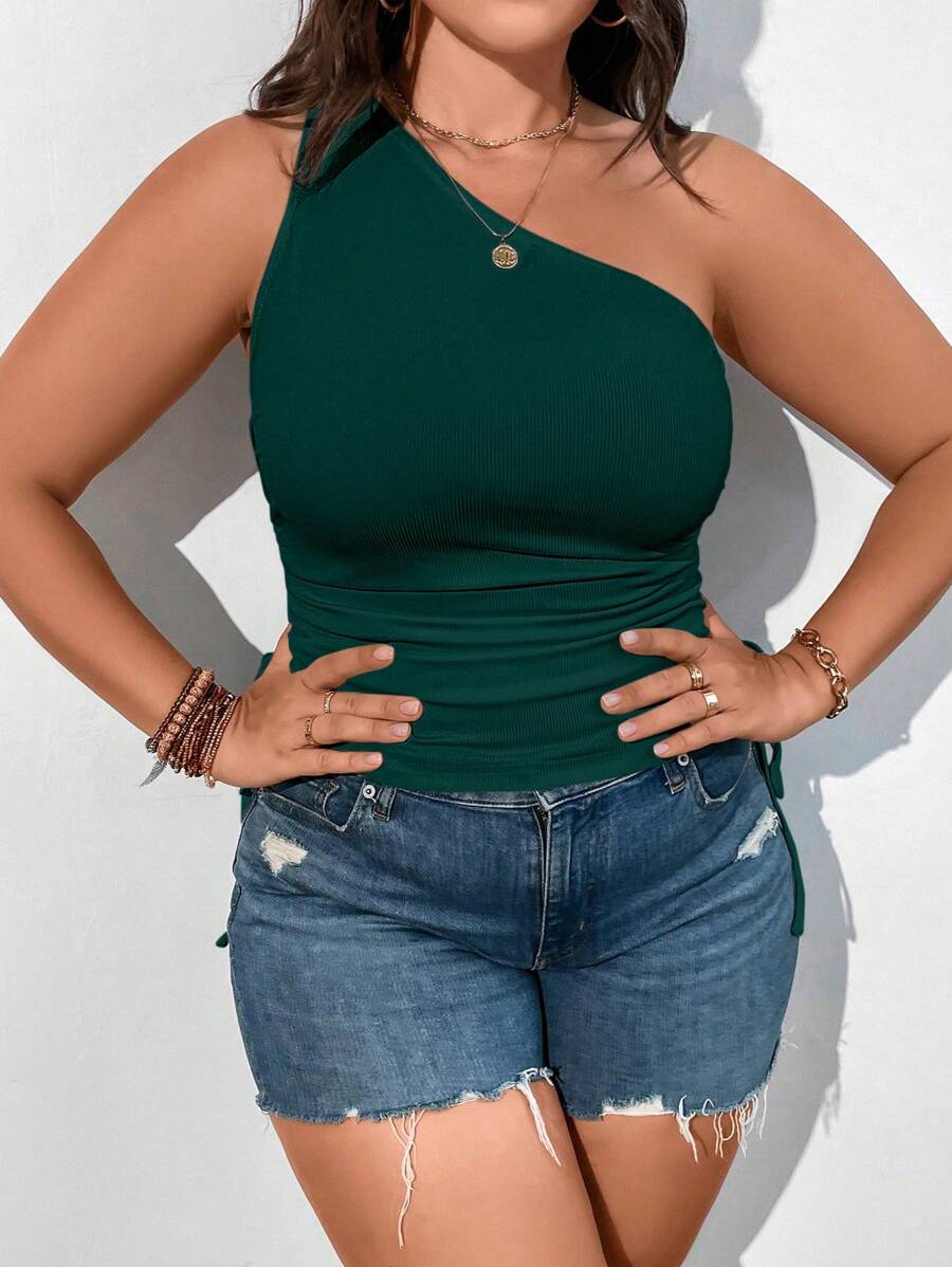 Calvaya Plus One Shoulder Drawstring Ruched Side Crop Top - Dark Green - View 1
