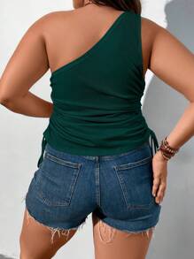 Calvaya Plus One Shoulder Drawstring Ruched Side Crop Top - Dark Green - View 2