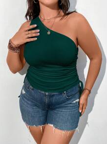 Calvaya Plus One Shoulder Drawstring Ruched Side Crop Top - Dark Green - View 4
