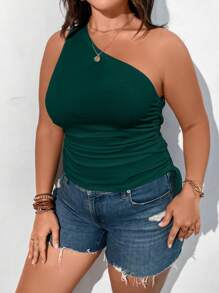 Calvaya Plus One Shoulder Drawstring Ruched Side Crop Top - Dark Green - View 5