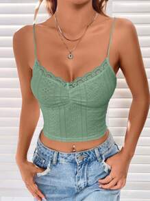 SHEIN EZwear Contrast Lace Ruched Bust Schiffy Cami Top - Mint Green - View 4