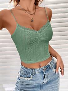 SHEIN EZwear Contrast Lace Ruched Bust Schiffy Cami Top - Mint Green - View 5